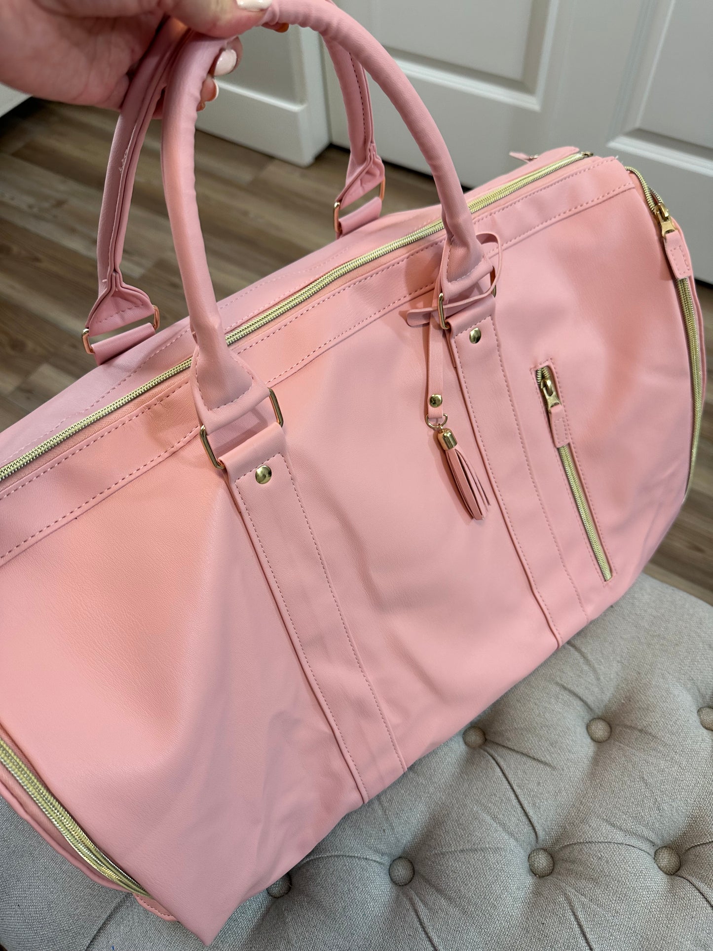 Pink duffel bag